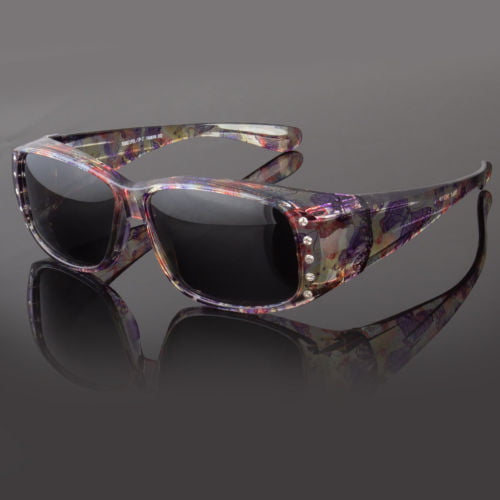 POLARIZED Rhinestone cover put over Sunglasses wear Rx glass fit driving LARGE 